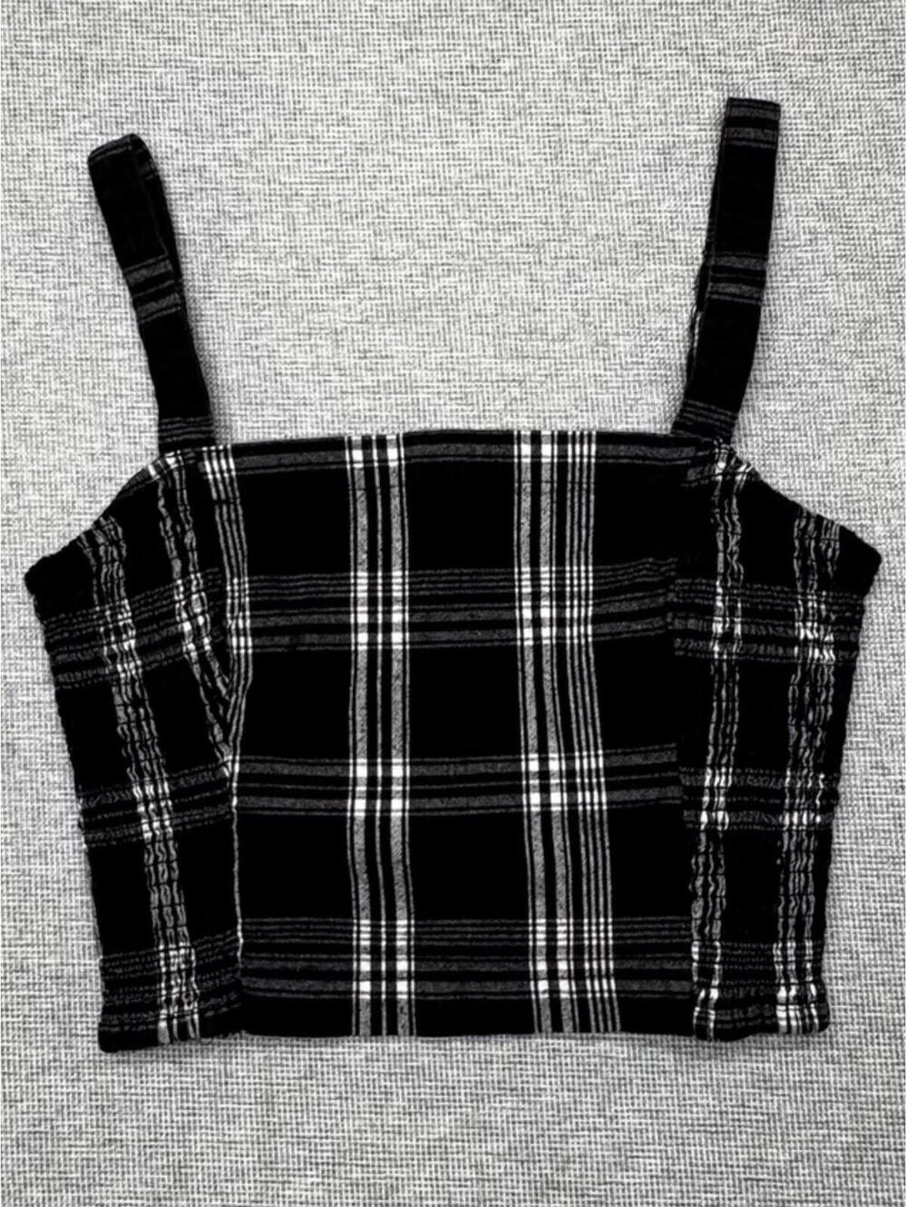 Hollister Black White Plaid Smocked Crop Tank Adjustable Straps M